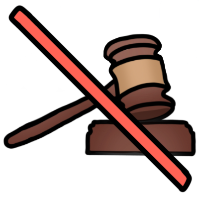 a gavel resting on its sound block, with a red diagonal line struck over them.